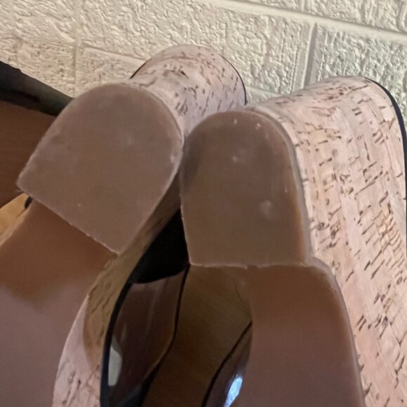 Franco Sarto Gabriel Black Peep Toe Leather Slingback Cork Heel Size 9.5 - Picture 8 of 9